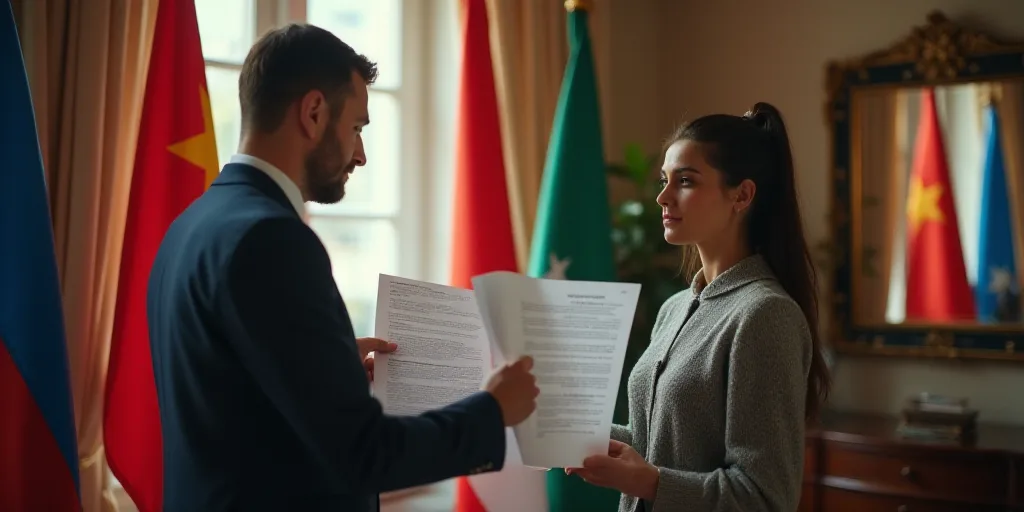a man and a woman holding up papers in front of flags and a mirror in a room with a flag, Dahlov Ipc