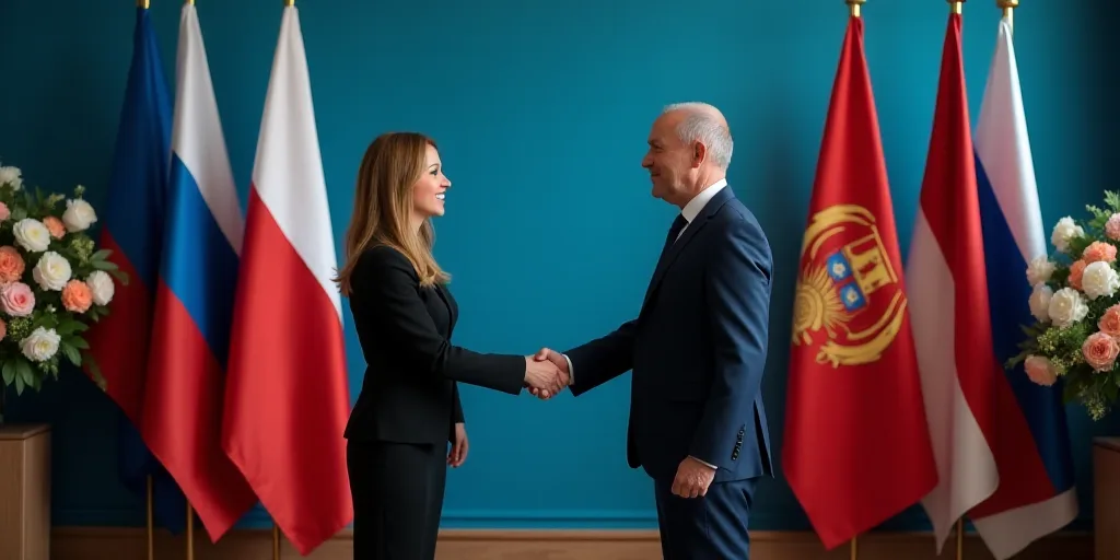 a man and a woman shaking hands in front of flags and flowers in a room with a blue wall, Avgust Če