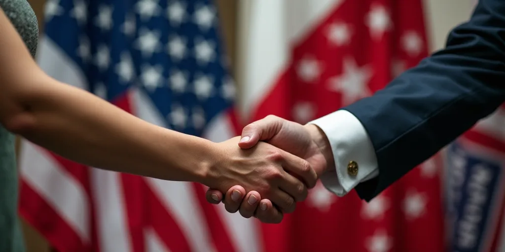 a man and a woman shaking hands in front of flags and flags of the united states and the united stat