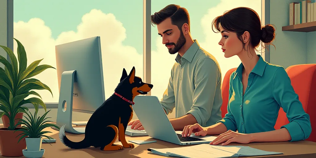 a man and a woman sitting at a desk with a laptop and a dog on the desk in front of them, Andries Bo