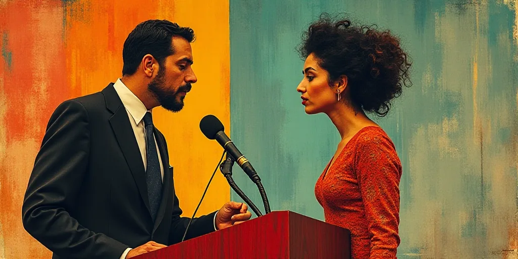 a man and a woman standing at a podium with a microphone in front of them and a sign behind them, Da