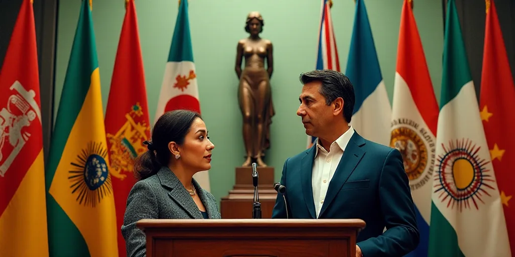 a man and a woman standing at a podium in front of flags of different countries and a statue of a wo