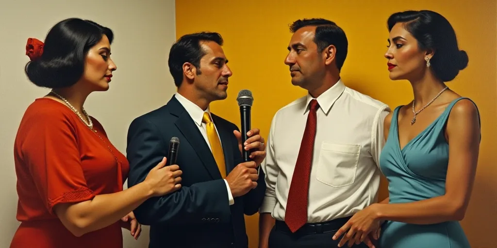 a man and a woman standing next to each other holding a microphone in their hands and a man in a whi