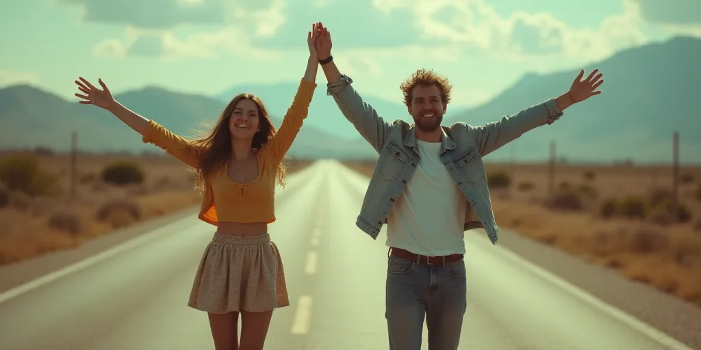 a man and woman are standing in the middle of a road with their arms up in the air and smiling, Arac