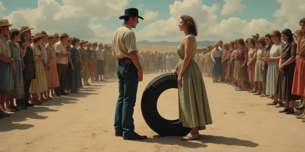 a man and woman are standing next to a tire on a stage with a crowd of people behind them, Anna Mari