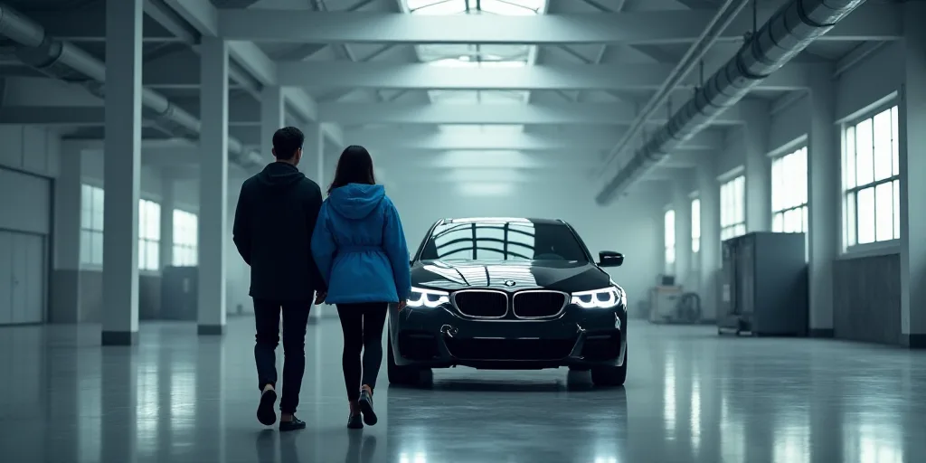 a man and woman are walking towards a bmw car in a factory building with a blue jacket on and a blac