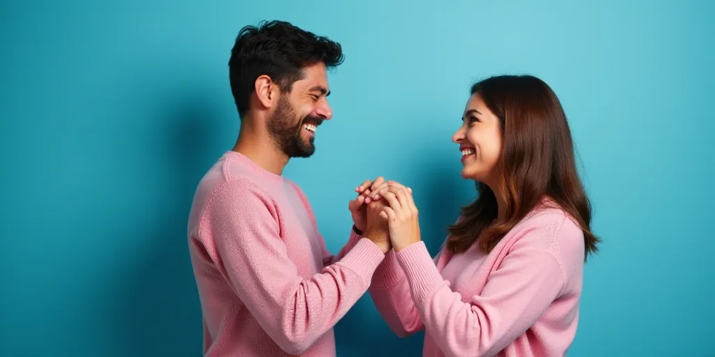 a man and woman laughing and holding their hands together, with a blue background behind them, and a