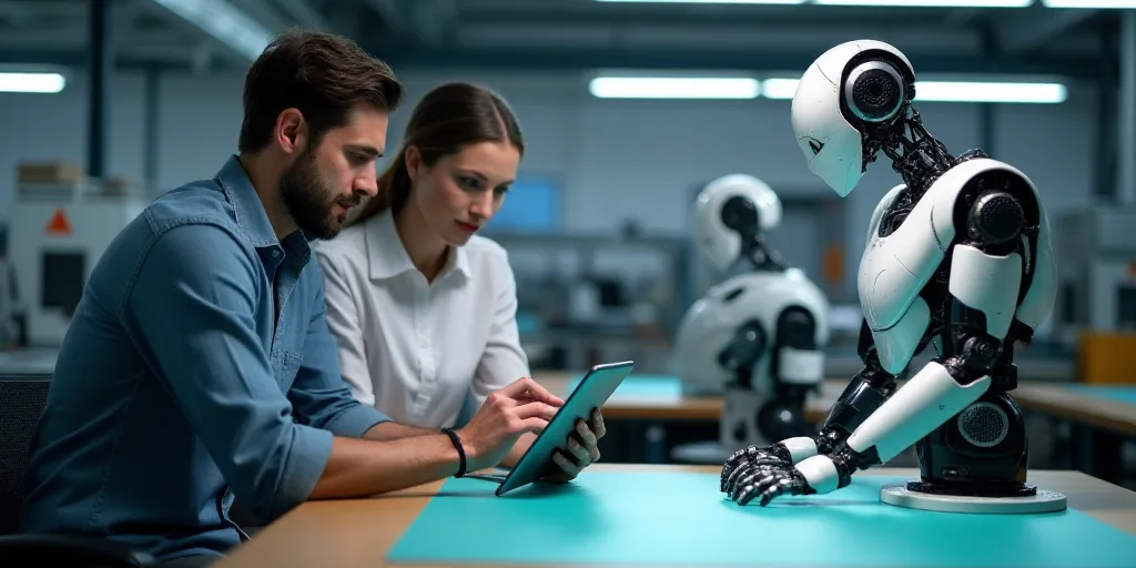 a man and woman looking at a tablet in a factory with robotic arms on the table and a robot on the t
