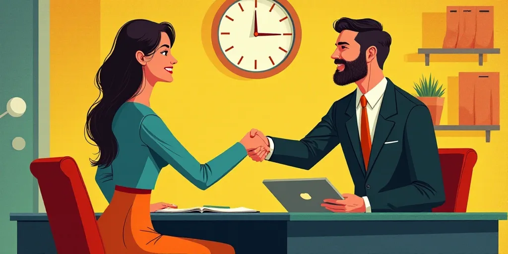 a man and woman shaking hands in front of a desk with a clock on it and a man in a suit and tie, Car