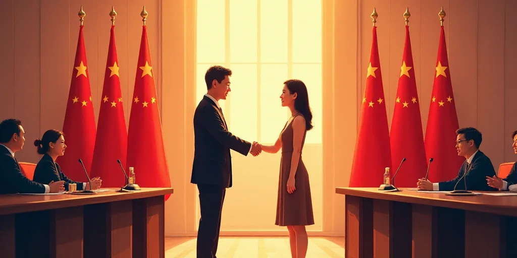 a man and woman shaking hands in front of flags in a room with other people sitting at tables and ch