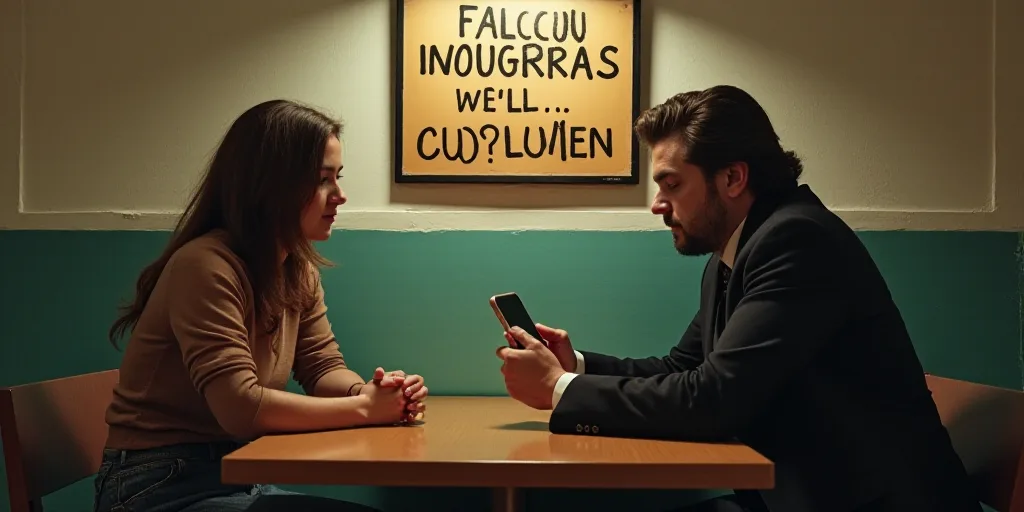 a man and woman sitting at a table with a cell phone in front of them and a sign behind them, Carlos