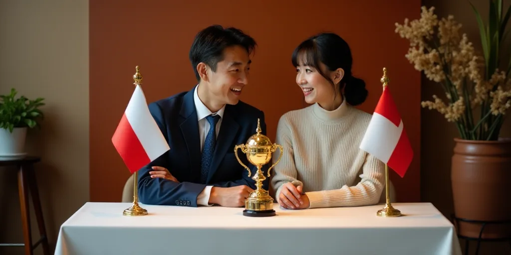 a man and woman sitting at a table with flags on it and a gold trophy in front of them, Chizuko Yosh