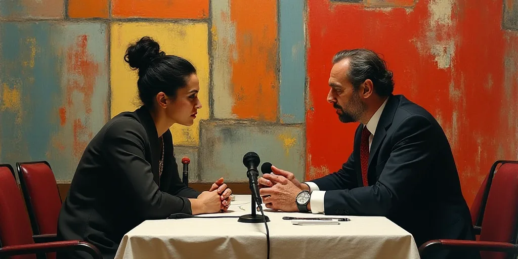 a man and woman sitting at a table with microphones in front of them and a man in a suit and tie, Da