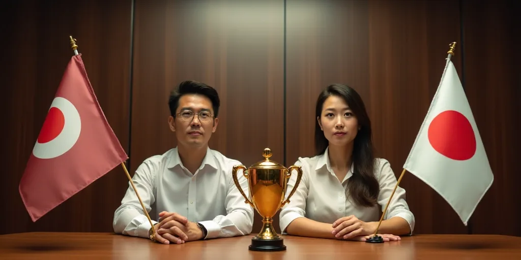 a man and woman sitting at a table with flags on it and a gold trophy in front of them, Chizuko Yosh