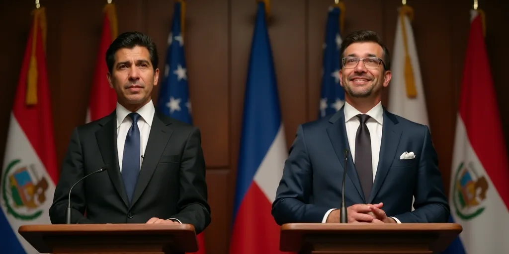 a man and woman standing at a podium with flags behind them and a man in a suit and tie, Carlos Fran