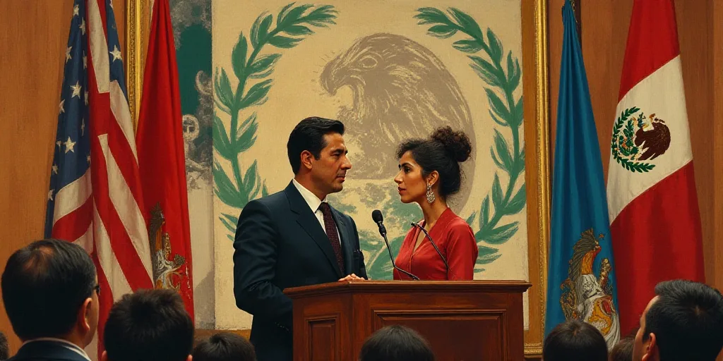 a man and woman standing at a podium in front of flags and banners in a room with a large poster beh