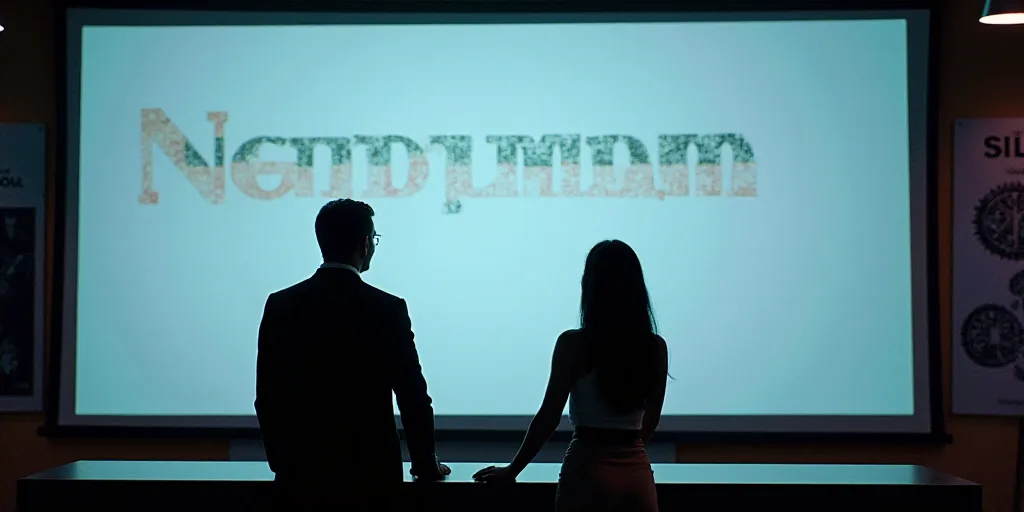 a man and woman standing behind a desk in front of a sign that says enterprise business non human ex