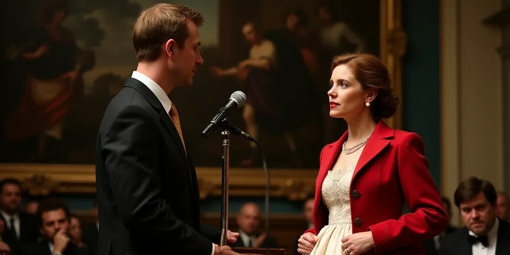 a man and woman standing in a room with a microphone and a man in a suit and tie and a woman in a re