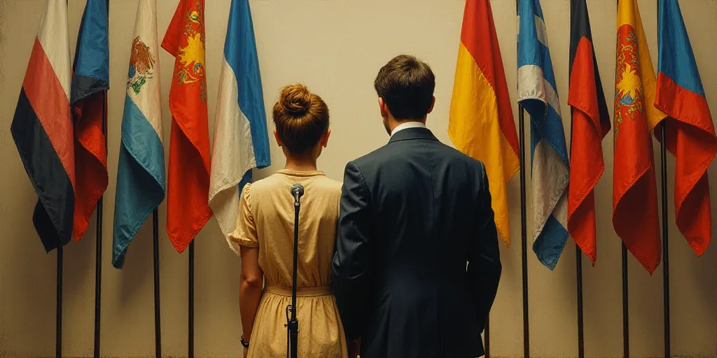 a man and woman standing next to each other in front of flags and a microphone in front of them, Ant