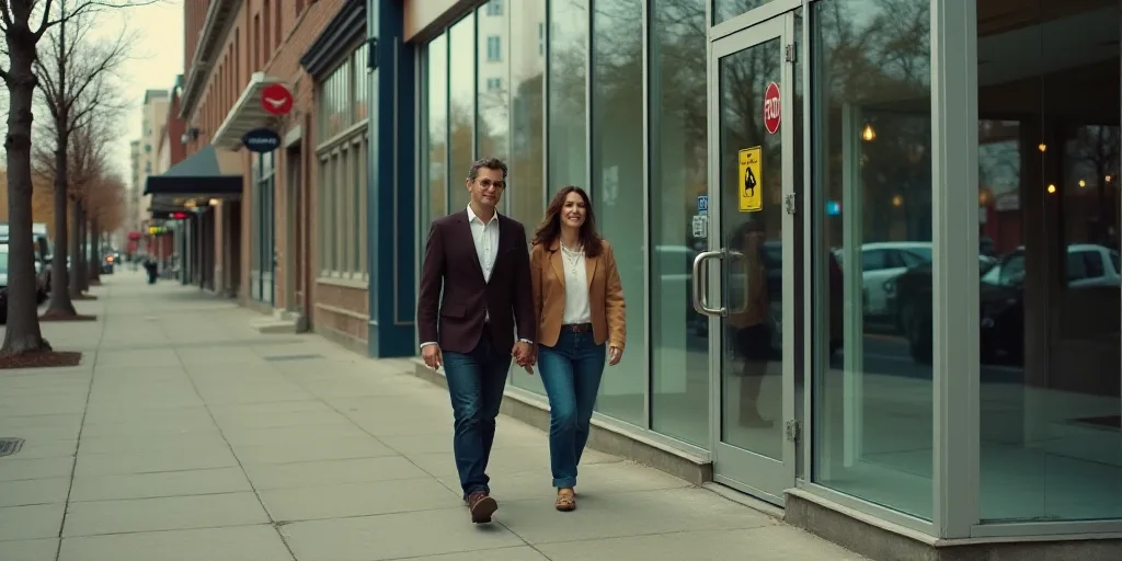 a man and woman walking down a sidewalk next to a building with a glass wall and a sign that says no