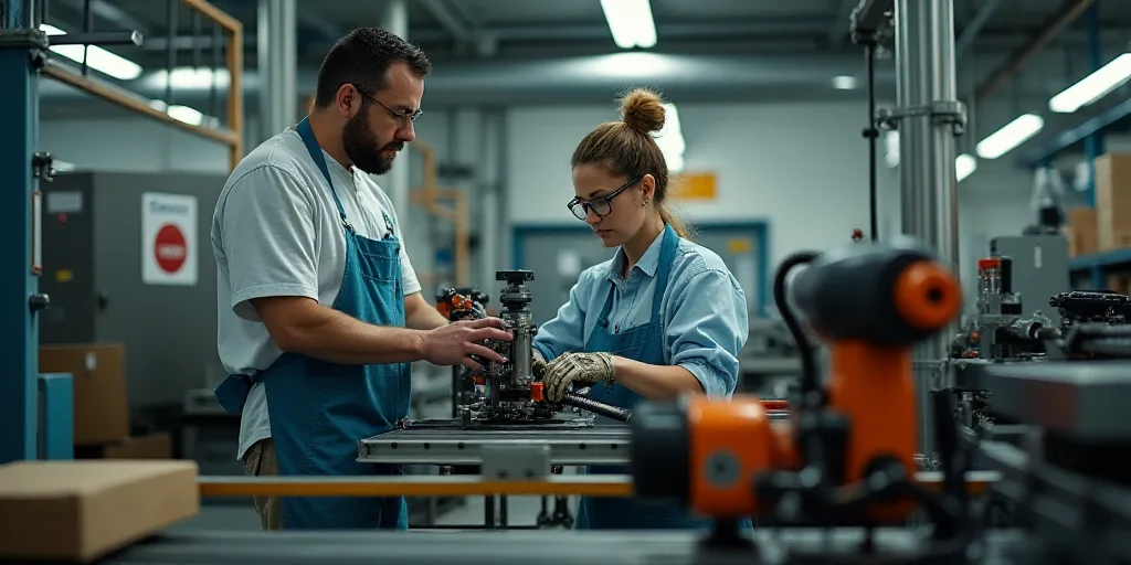 a man and woman working on a machine together in a factory with a sign on the wall that says,, Cefer