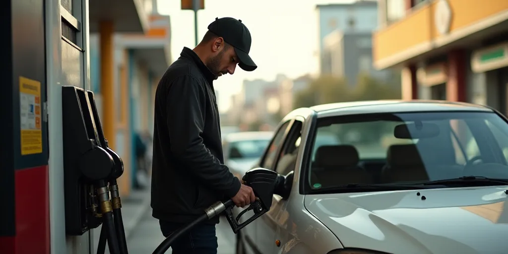 a man filling up a gas pump at a gas station in a city street, with a car parked nearby, Estuardo Ma