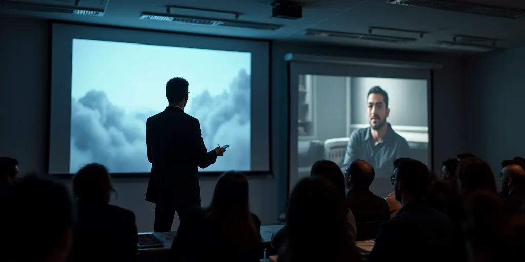a man giving a presentation at a conference hall with a projector screen in the background and a pro