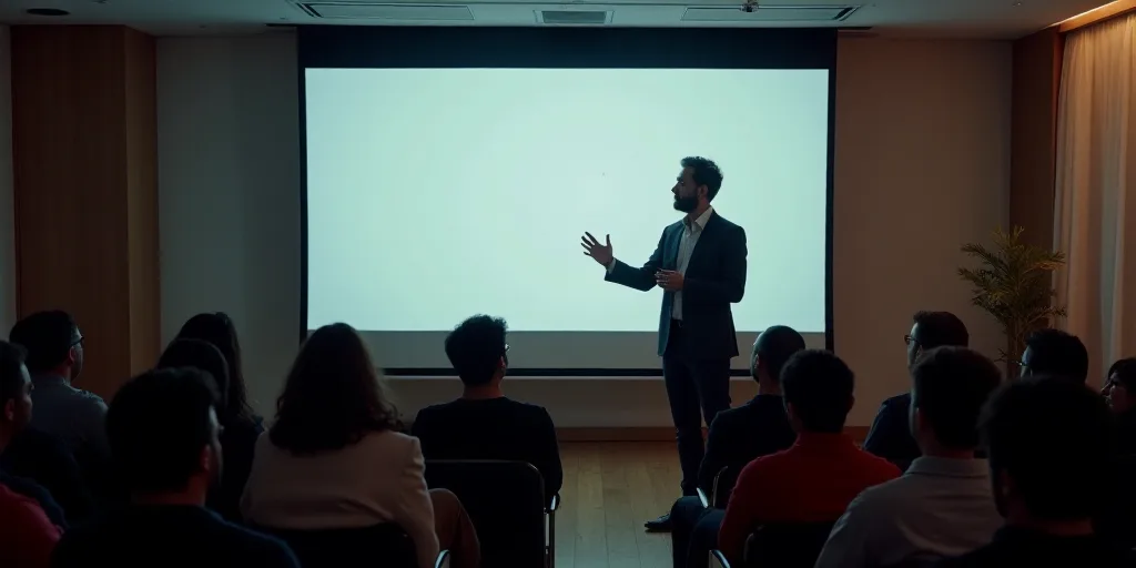 a man giving a presentation in front of a crowd of people in a room with a projection screen behind