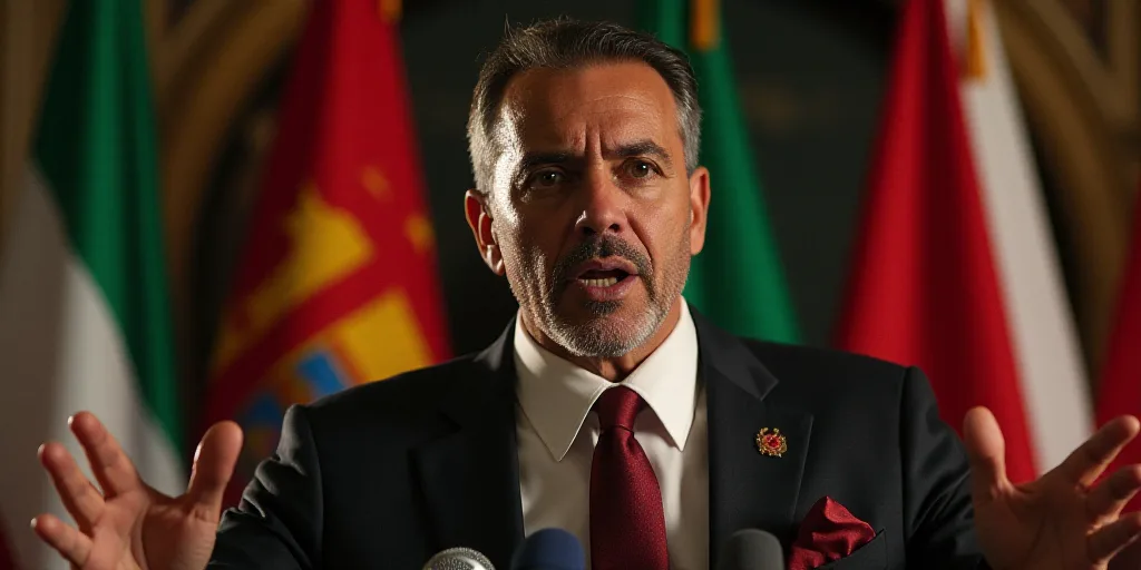 a man giving a speech in front of flags and a microphone with a microphone in his hand and a microph