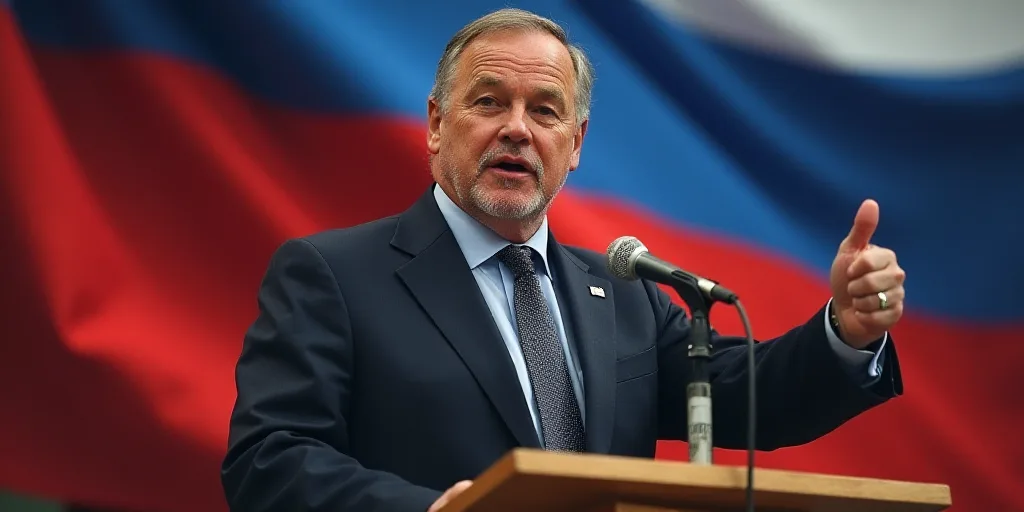 a man giving a speech in front of a flag and a microphone with a thumbs up sign in front of him, Ber