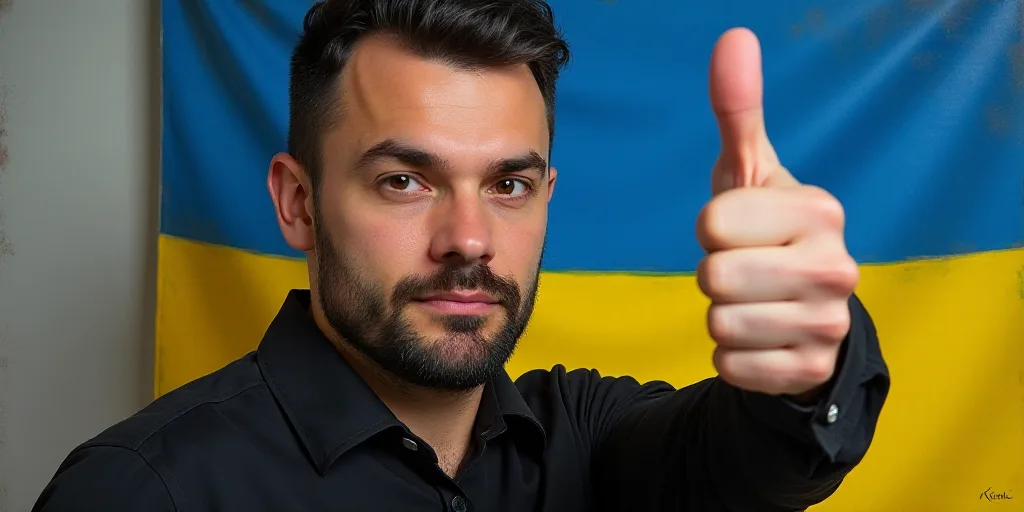a man giving a thumbs up in front of a flag of ukraine and a painting of a man in a black shirt, And