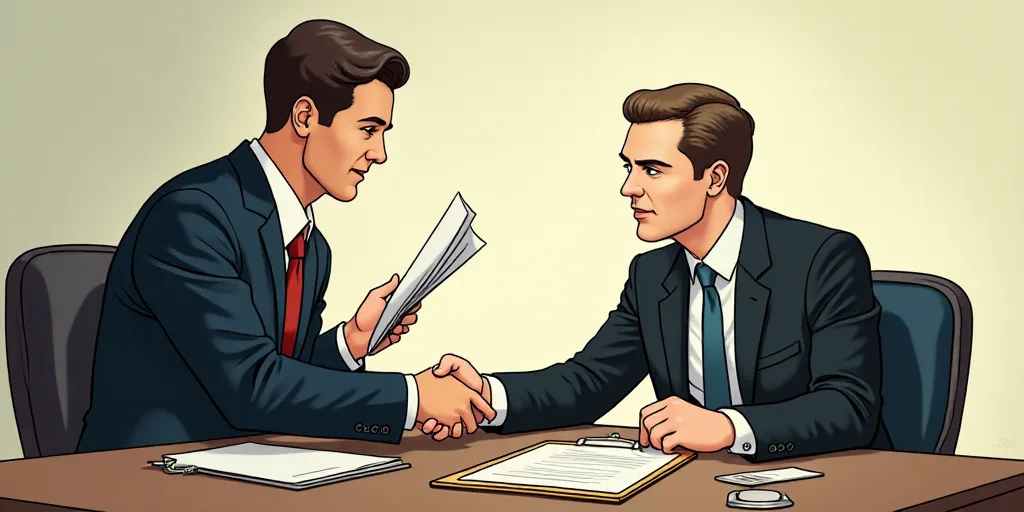 a man handing another man a piece of paper at a desk with a binder and clipboard on it, Cedric Seaut
