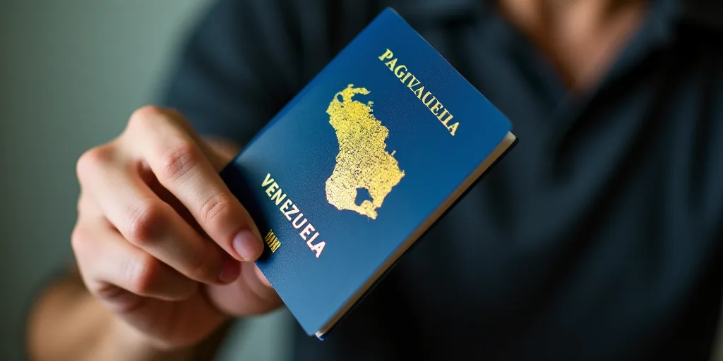 a man holding a blue passport in his hand with a map of the country of venezuela on it's cover, Aqui