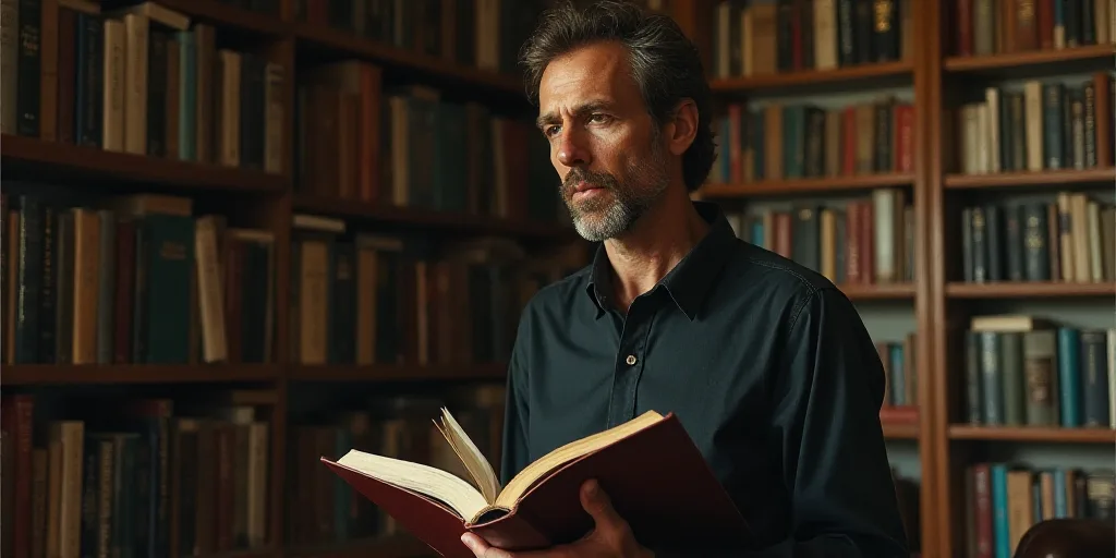 a man holding a book in his hands in a room with a book shelf and books on the wall, Alberto Sughi,