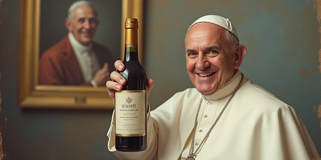 a man holding a bottle of wine in his hand and a picture of a pope smiling at the camera, Ceferí Ol