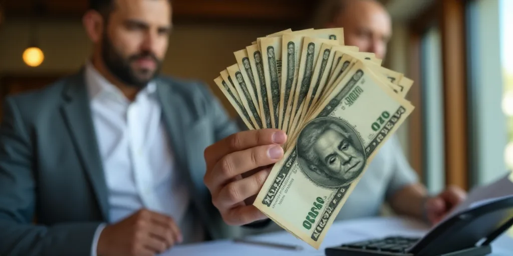 a man holding a bunch of money in his hand while another man looks on in the background with a calcu
