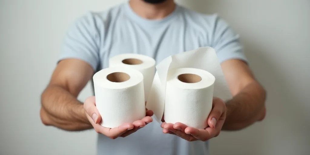 a man holding a bunch of toilet paper in his hands and a roll of toilet paper in his other hand, And