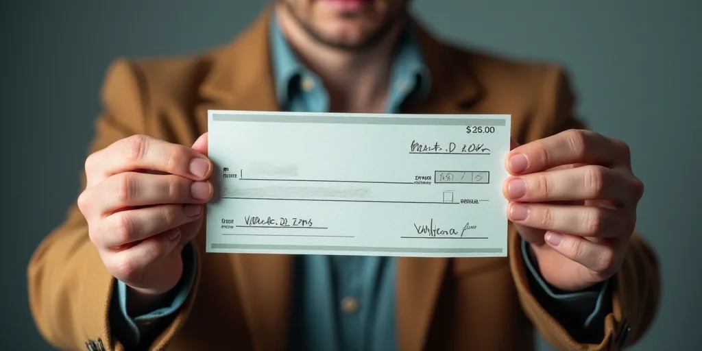 a man holding a cheque of cheque of a cheque of a person with a cheque of a person, Emma Ríos, star