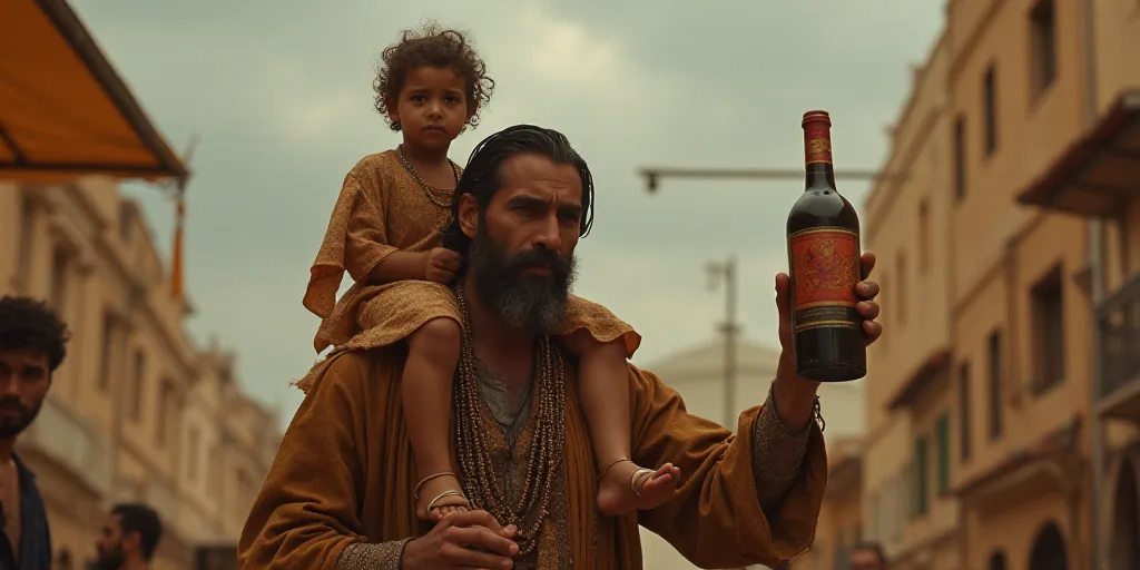 a man holding a child on his shoulders while he holds a bottle of wine in his hand and a bottle of w