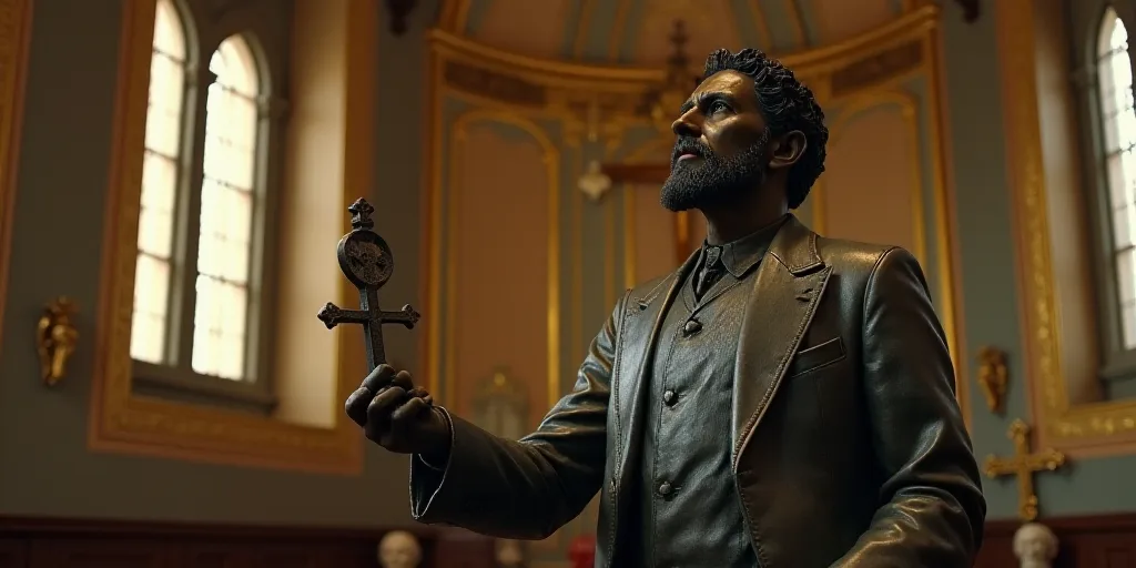 a man holding a cross in his hand in a church setting with ornate gold decorations on the walls and
