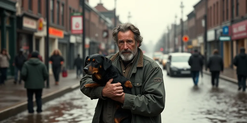 a man holding a dog in a flooded street with people walking by in the background and cars on the roa
