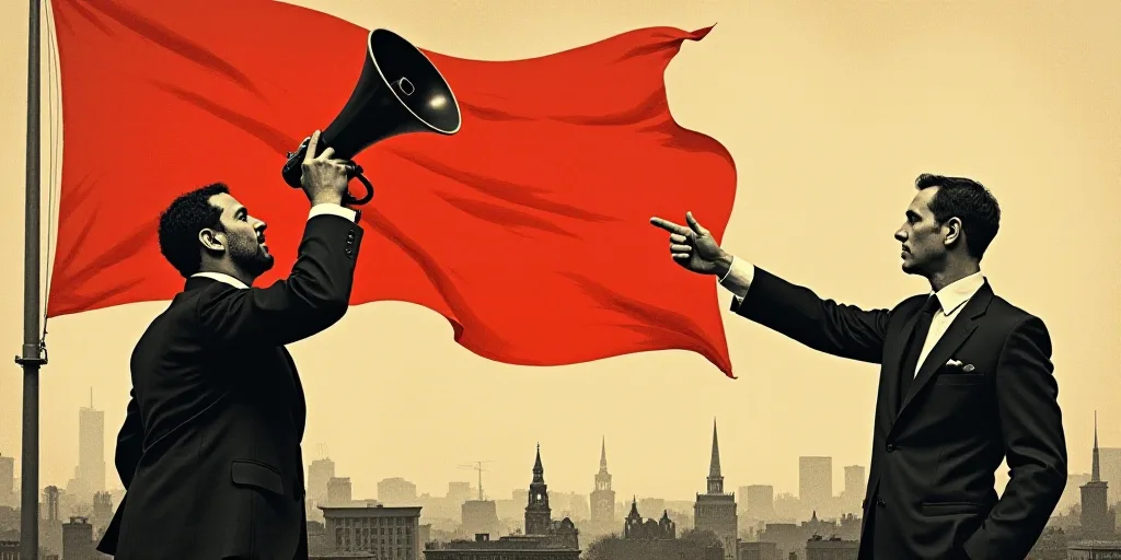 a man holding a megaphone in front of a flag and a man in a suit with a suit, Alexander Rodchenko, e