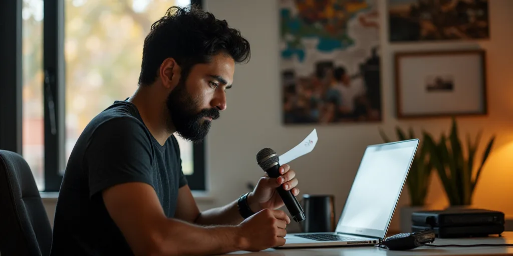 a man holding a microphone and a paper in his hand while sitting at a table with a laptop and a micr