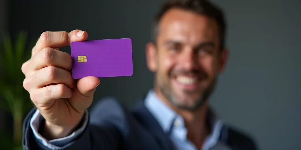 a man holding a purple card in his right hand and smiling at the camera with a smile on his face, Em