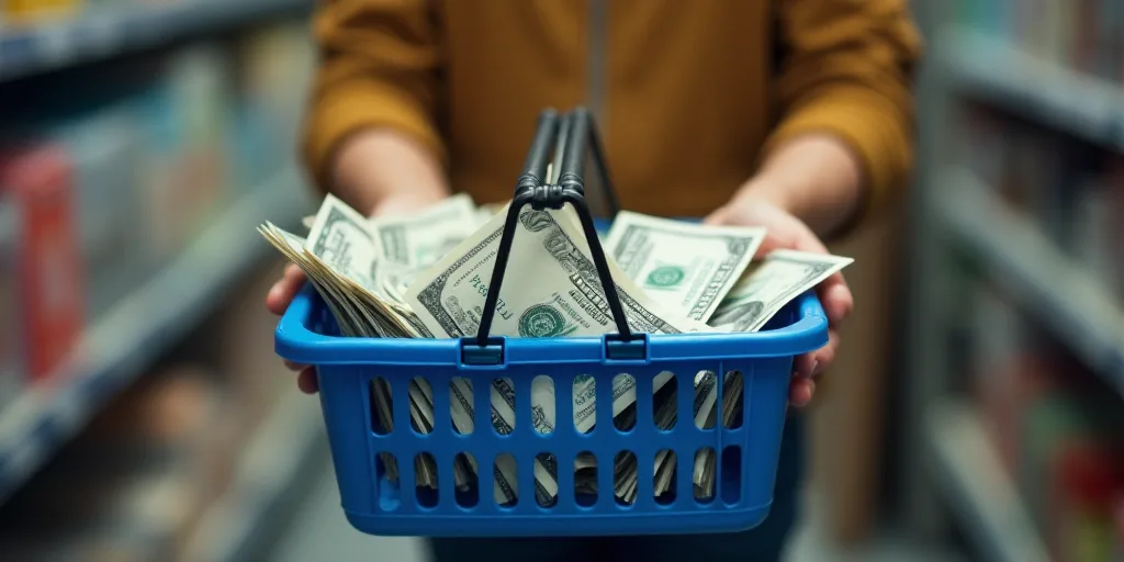 a man holding a shopping basket full of money in it's hands and a blue plastic holder in the front,