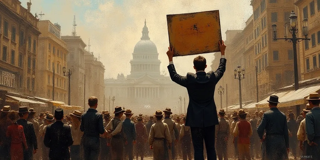 a man holding a sign in front of a crowd of people in a city square with a lot of hats, David Alfaro