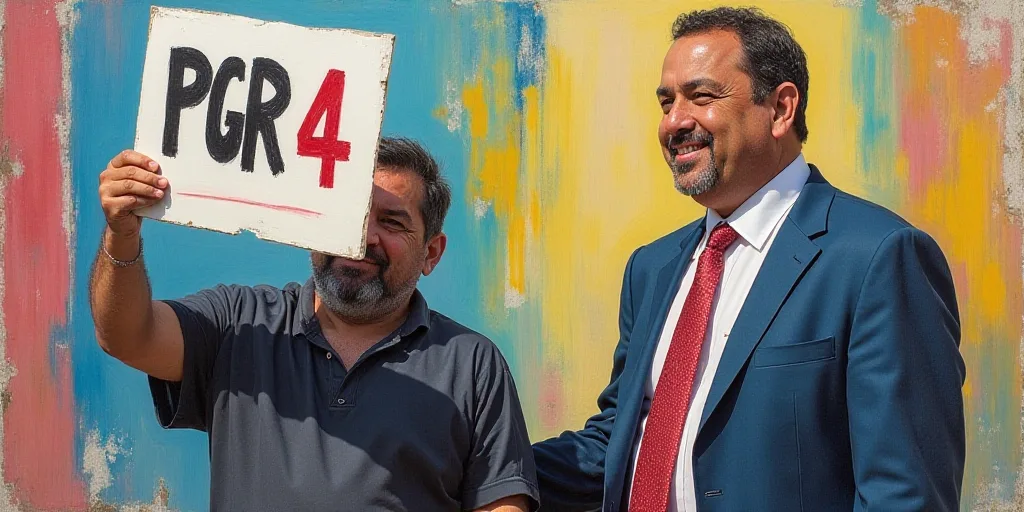 a man holding a sign that says pgr 4 on it and a picture of a man in a suit, Federico Uribe, ignacio