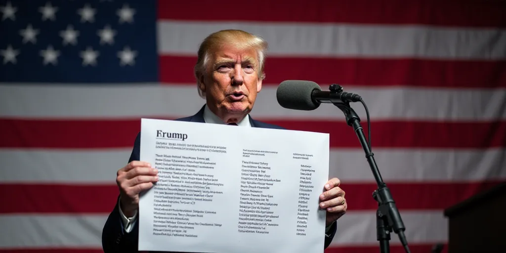 a man holding a sign with a list of presidential families on it in front of a microphone and america