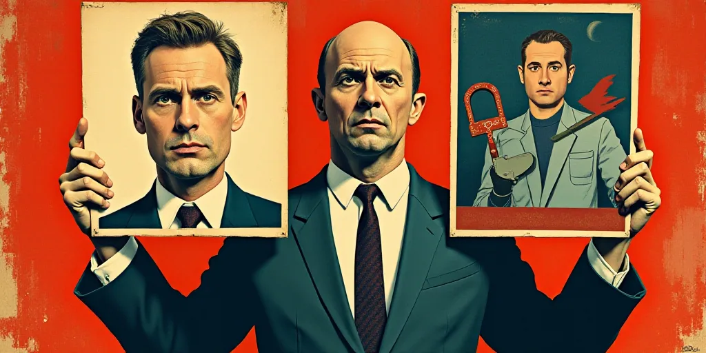 a man holding a sign with a picture of a man in a suit and tie on it and a poster of a man with a kn