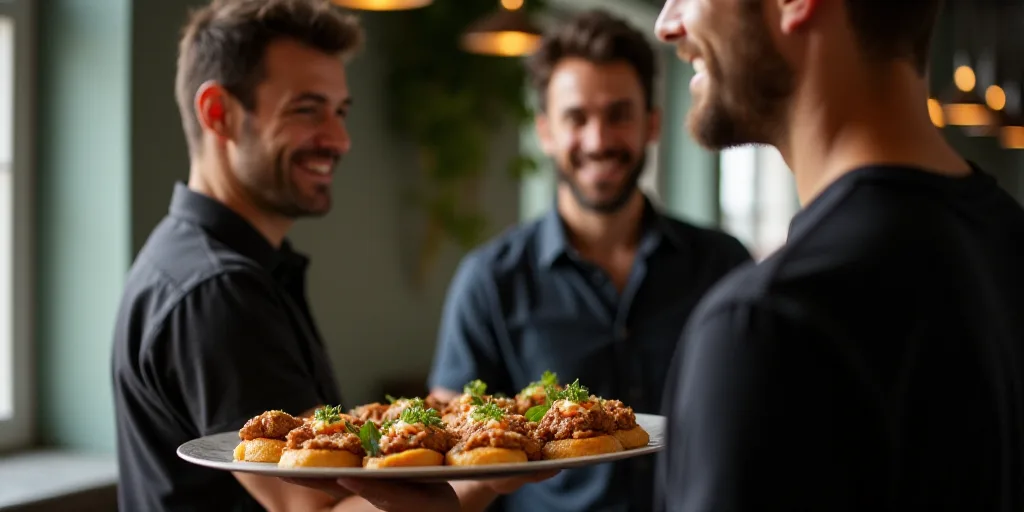 a man holding a tray of food in his hand while two other men look on in the background and a third m